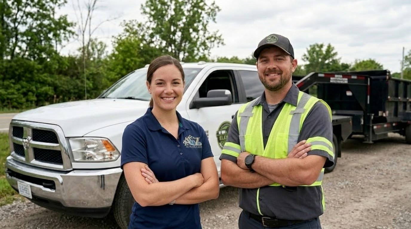 Elevex Outdoor Services two-person team with their pickup truck and trailer