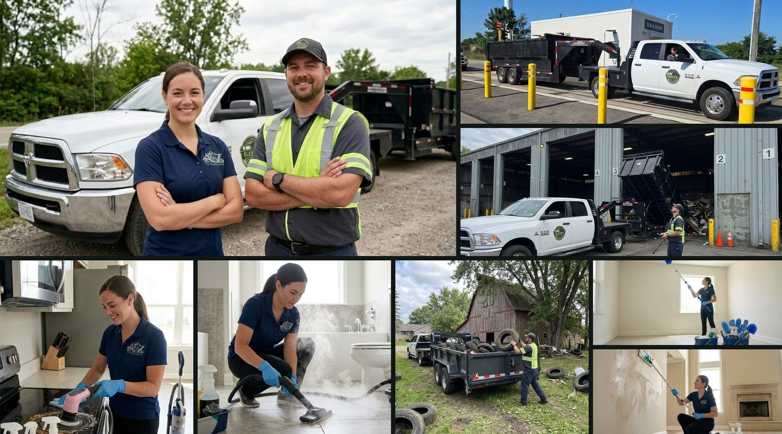 Collage of client-provided Elevex team, truck, tire hauling and residential cleaning photographs